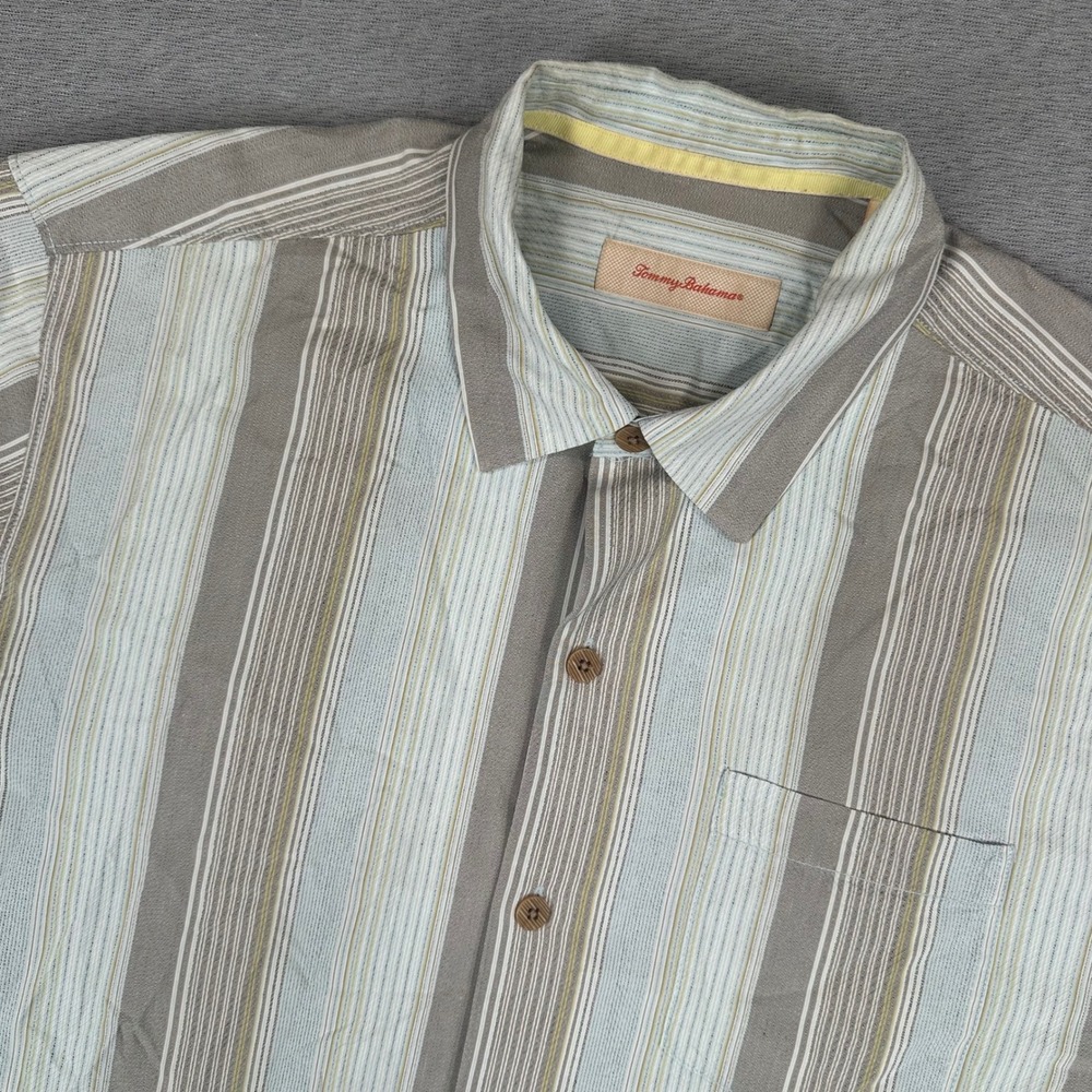 Tommy Bahama Camp Shirt Mens Large Silk Cotton Striped Short Sleeve Button Down
